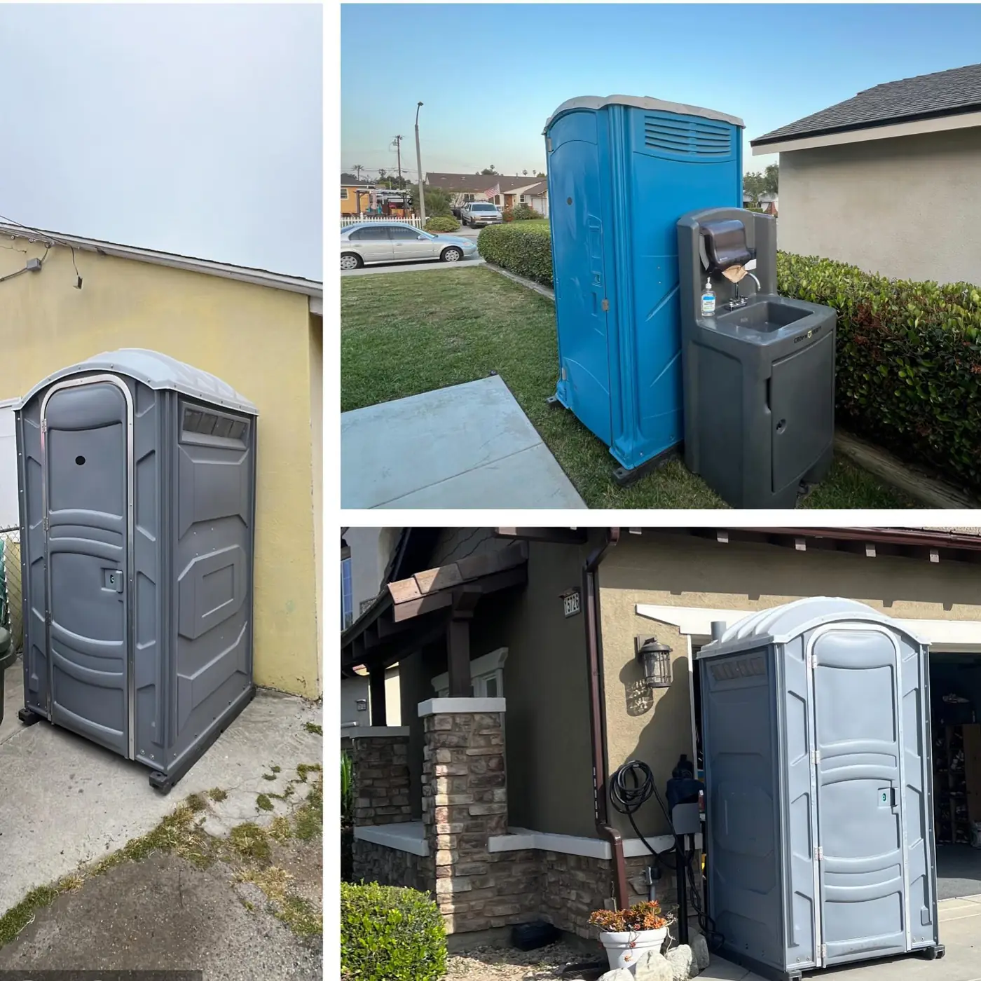 Collage of standard porta potties and handwashing stations delivered to homes and businesses